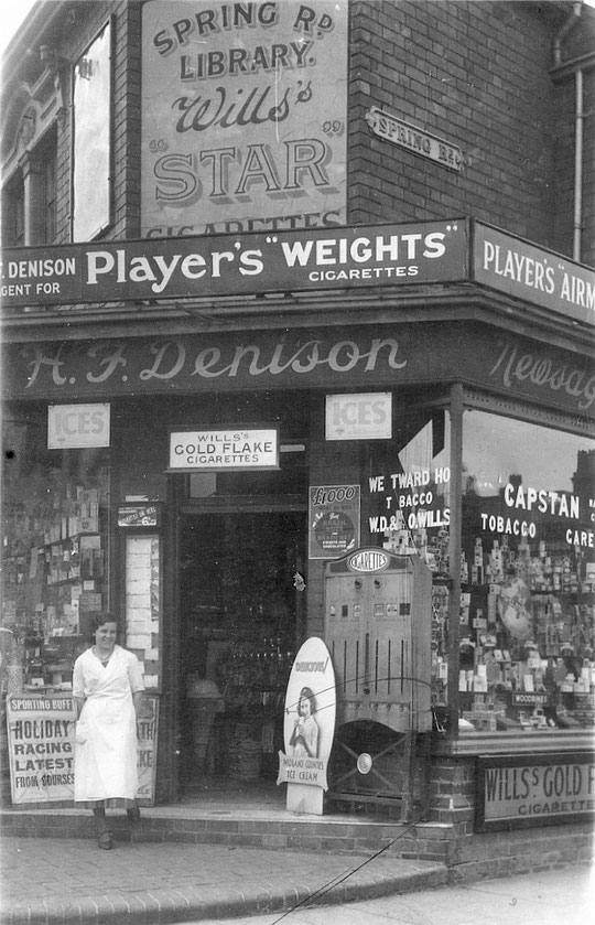 Denisons at the corner of Spring Road. They were on Shaftmoor Lane from 1908 until 1948 , but they started at number 6 until 1911, with a draper's initially operating from number 2 (thanks to Lisa Denison)