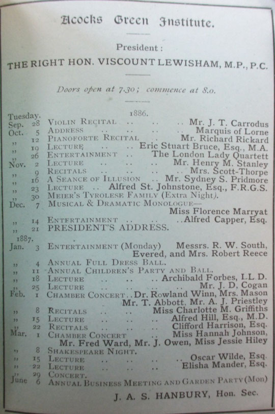 Institute programme 1886-7, including lecture by Oscar Wilde (David Treadwell)
