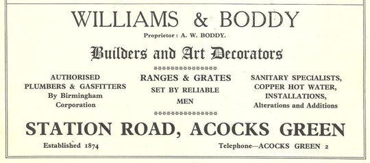 Advert for Williams and Boddy, 1930s
