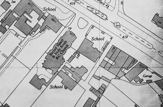 O.S. map extract, 1953. The 1938 row West End Stores is shown here, together with the garage (Lowe/Stuart). By 1970 the garage was a service station, the yard had gone and the frontage was open. 1173 was at the rear of the site, and was much smaller.