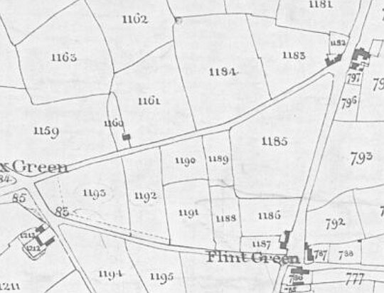 Fox Hollies Road Tithe map extract, 1843, Warwick Road to Fox Green. North is to the right on this map. (Birmingham Libraries)