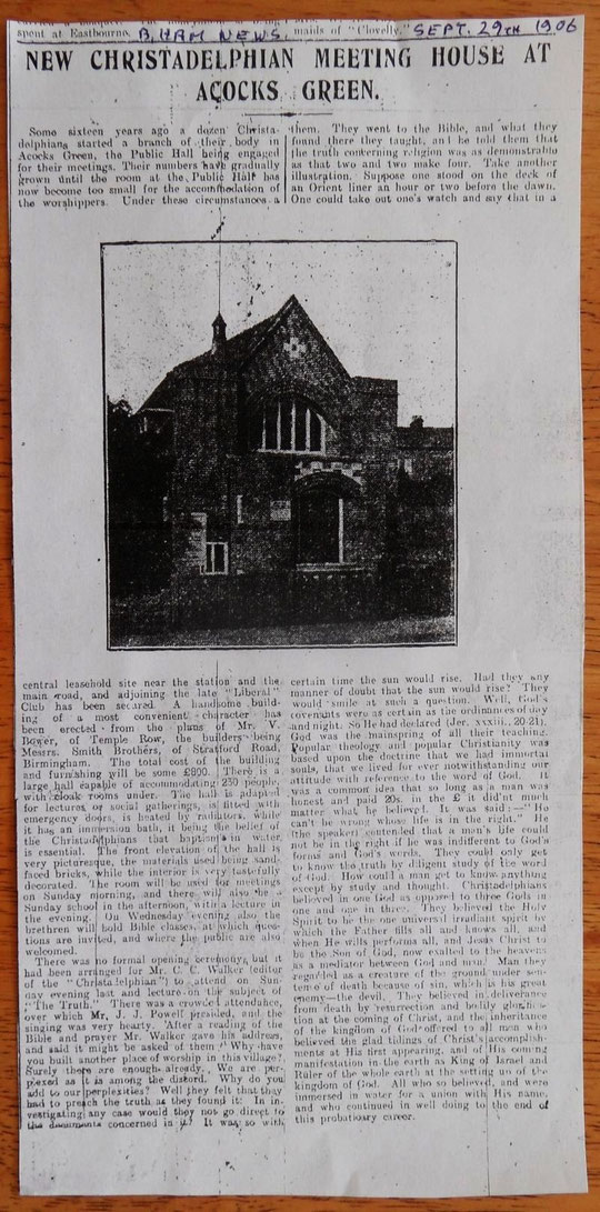 1906 article concerning the opening of the Christadelphian Hall (thanks to Peter White)