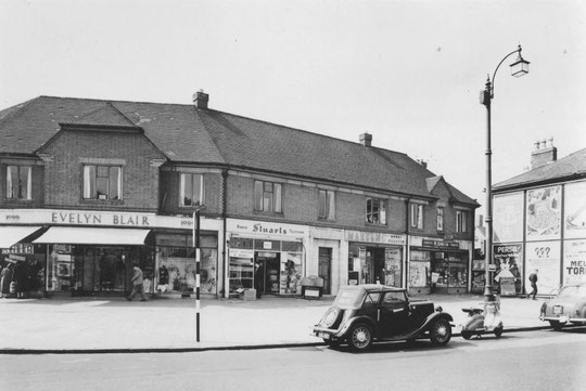 The 1930s shops at the corner of Westley Road, in 1957 (Birmingham Libraries)