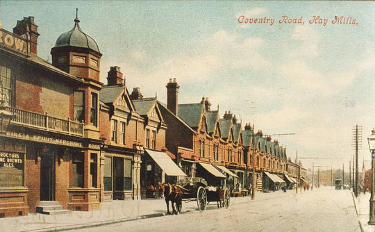 The Plough and Harrow and shops eastwards, c. 1905. Note the single-storey (lighter) shop (number 2010) built over the former tailrace.