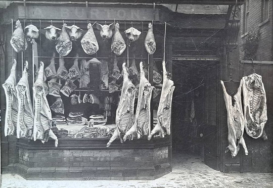 Number 1004, a rather startling picture from c. 1922. A Burton was a grocer, who was there in 1920 but not in 1922. Clearly a rapid and comprehensive takeover by a butcher. (Hay Mills Project)