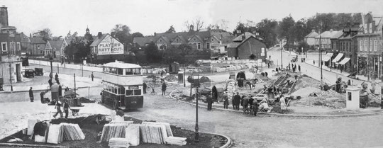 Creating the tram terminus on the enlarged Green, May 1932 (Two Birmingham Libraries photos stitched together)