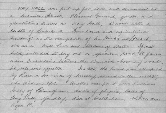 Transcription by Miss C.E. Redstone of a note by Canon Cochrane, Vicar of Yardley