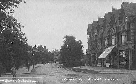 New shops on Yardley Road, before 1913. The Baptist church was built where the trees are on the right in this image