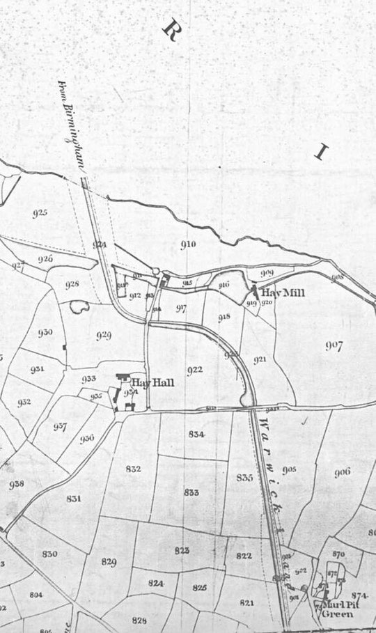 Extract from the 1840s Tithe map of Yardley (north is to the right) 