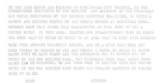 Petition relating to the siting of the new leisure centre. We also campaigned, together with the Ninestiles Association, to have it called the Ninestiles Leisure Centre, but the Council chose the name Fox Hollies regardless of what we said.