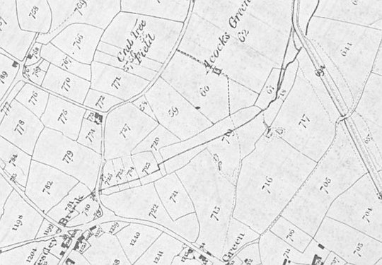 Part of the 1843 Tithe Map, rotated to show North at the top