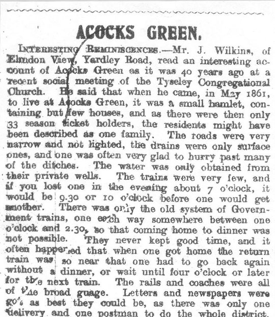 A description of Acocks Green in the early 1860s, Birmingham News, October 1905 (thanks to Peter White)