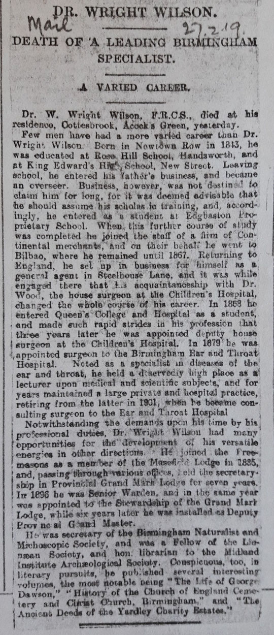Obituary of William Wright Wilson (Birmingham Libraries)