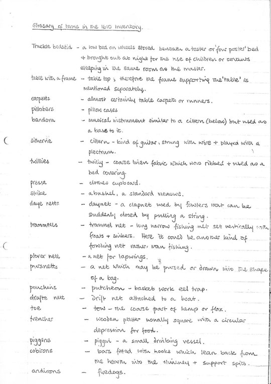 Glossary of terms in the 1610 inventory, page 1