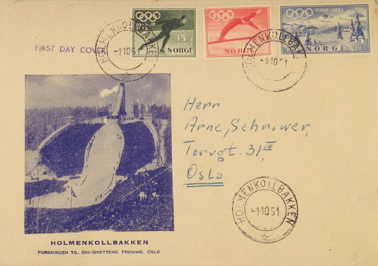 First Day Cover (FDC), Used,  Norway, Mailed in 1951, Olympics on Stamps; Topical Stamp Collecting