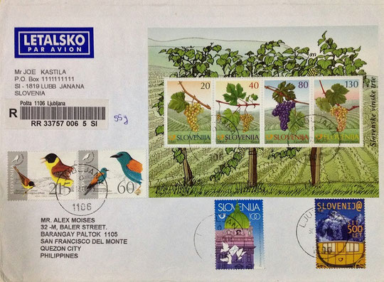 Topic: Fruits/ Philatelic Item: Registered cover; Slovenia, 2000; Sender’s name and address altered for privacy reason