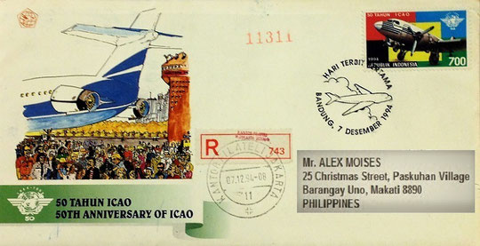 First Day Flown Registered Cover, Indonesia, 1994, Aviation or Airplanes on Stamps; Topical Stamp Collecting