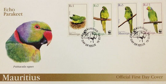 Topic: World Wildlife Fund (WWF)/Echo parakeet / Philatelic Item: First day cover (FDC); Mauritius, 2003