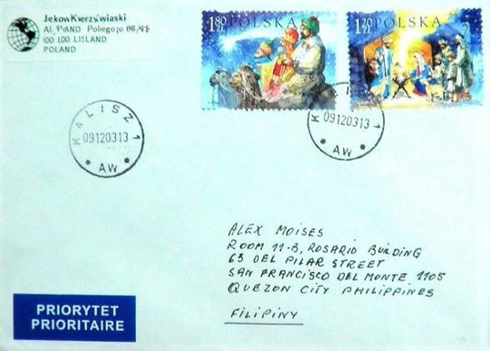 Used Cover, Priority Mail, Poland, Mailed in 2003, Christmas on Stamps; Topical Stamp Collecting
