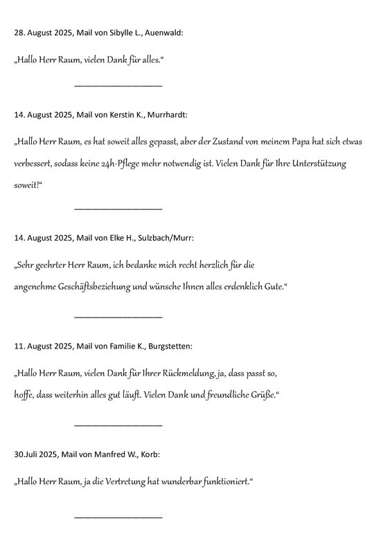 August 2025: neue, sehr gute Kundenrezensionen für RAUM Seniorenpflege24 in Auenwald