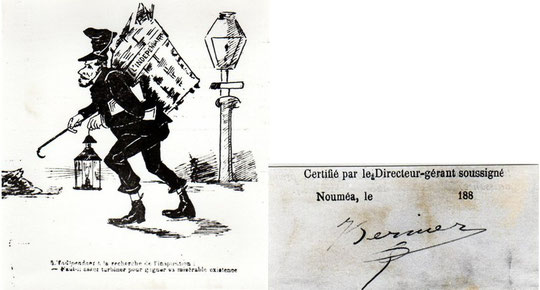 Julien Bernier : caricature, dans Le Casse-tête Calédonien (n° 3) et signature, dans L'indépendant (exemplaire destiné au dépôt légal).