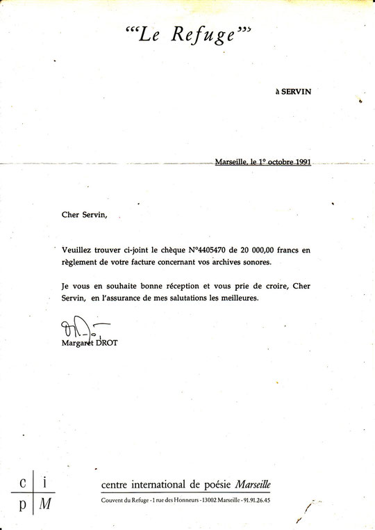 Lettre d'achat des archives des Mardis de SERVIN