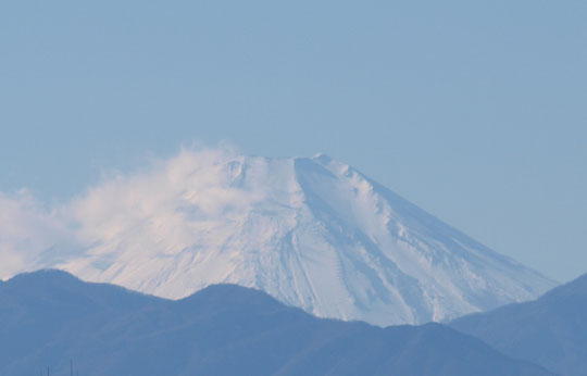 1月3日（2019）真っ白な富士山：初冠雪が昨年の9月26日、初化粧が10月15日という記録がありますが、年が明けてすっかり雪におおわれた富士山です。国分寺崖線の上、天文台の近くから