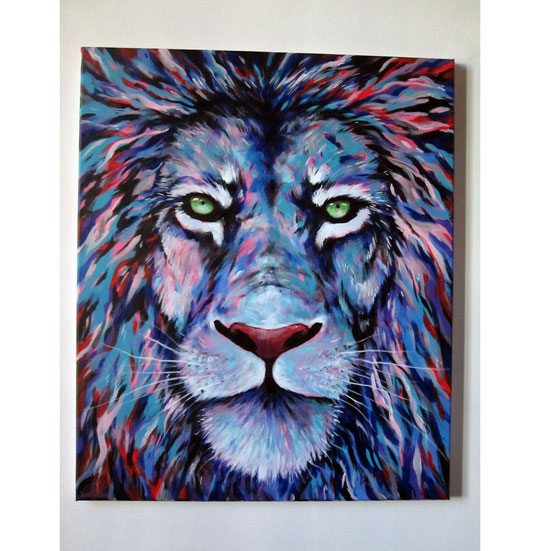 Peinture animalière. Lion tricolore bleu blanc rouge 55 x 46 cm