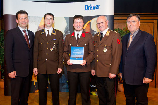 v.l.: Dräger Safety Austria-GF Johann Karmel, OV Georg Crepaz, FM Thomas Tanzer, LBD KOMMR Josef Buchta, Moderator Josef Broukal