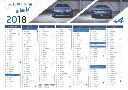 Calendrier 2018 Alpine, Format 4A (Recto)