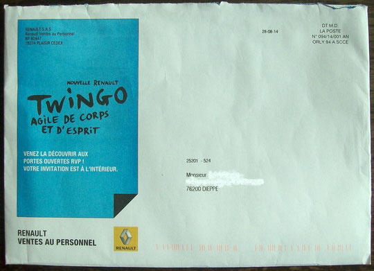 2014, enveloppe mailing nouvelle Renault Twingo