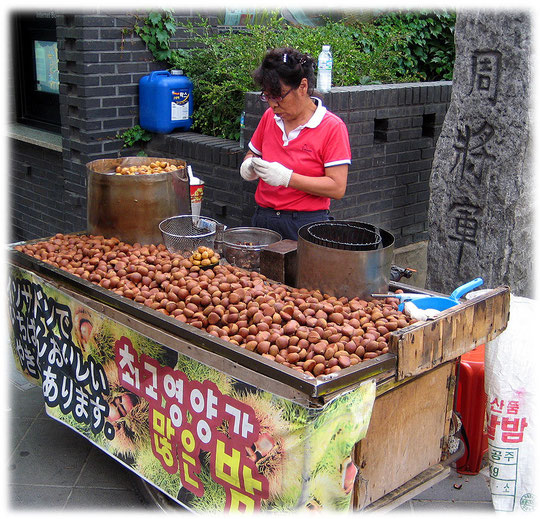 Picture of Roasted chestnuts - A photo of a typicall Korean street food snack and imbiss - Bild von gerösteten Nüssen auf der Straße in Seoul