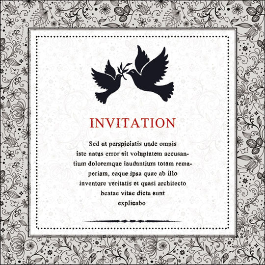 鳩を描いた招待状 invitation card with ornament floral and old textured pattern