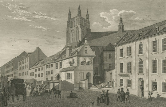 Stettin: Die St. Jakobikirche um 1838 von der Breiten Straße aus. Stich von W. H. Rossmäßler
