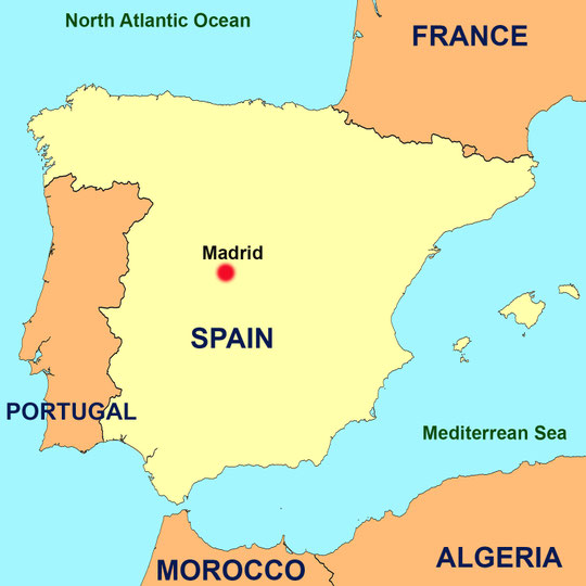 Blue mark indicates location of the capital Madrid. Map graphics by A. Zois.