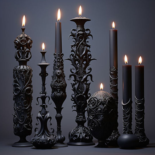 Eine Gruppe schwarzer Kerzen auf einem grauen Hintergrund im Stil barocker, kunstvoller und dramatischer Kompositionen,Halloween, Vray, komplizierte Details