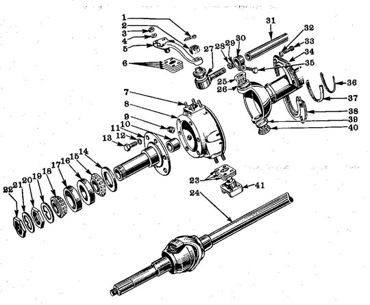 Zeichnung B - Achsschenkel zerlegt, Vorderachse D-25  /  Modell MB, GPW, CJ-2A