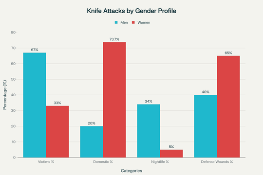 Différences entre victimes féminines et masculines lors d'agressions au couteau : distribution par sexe, contextes d'agression et types de blessures