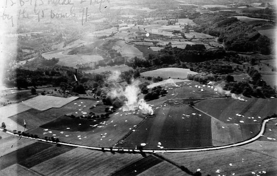 Photo taken from the air showing the bonfires and parachutes on the ground at la Grange Sercy (Saône-et-Loire) (Photo - 95th Bomb Group Memorials Foundation)