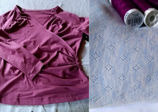 Wrap shirt in raspberry jersey fabric and light blue fabric for a second version © Griselka 2021