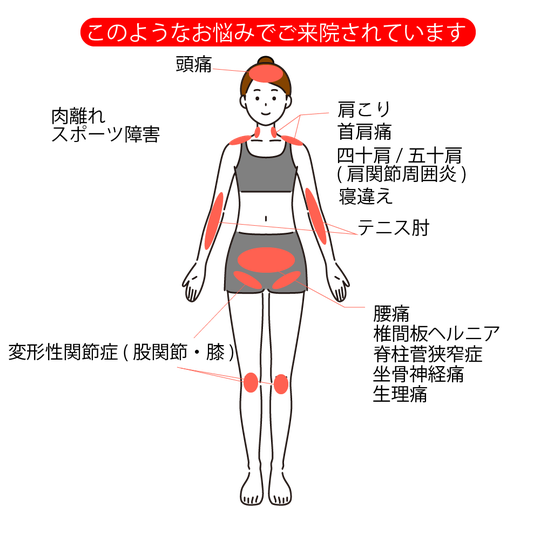 このような症状でご来院されています。     頭痛、首肩痛、四十肩五十肩(肩関節周囲炎)、寝違え、腰痛、椎間板ヘルニア、脊柱菅狭窄症、坐骨神経痛、変形性関節症(股関節・膝)  肉離れ、スポーツ障害、テニス肘、ストレートネック、生理痛