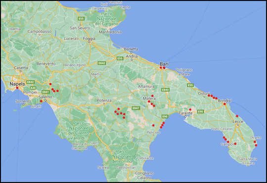 Overview of prospected sites in Southern Italy.