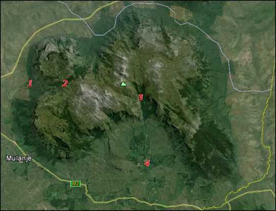 Overview of the Mulanje Massif. 1=Likhubula Forest Lodge, 2=Chembe Bassin, 3=Ruo Gorge, 4=Lujeri Tea Estates.