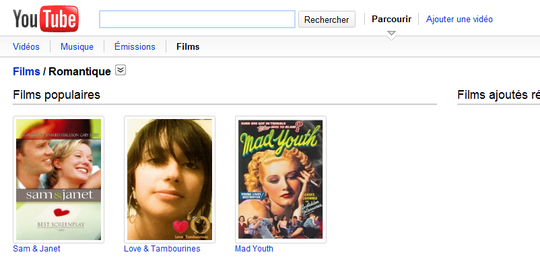 Youtube Movies, section films romantiques...