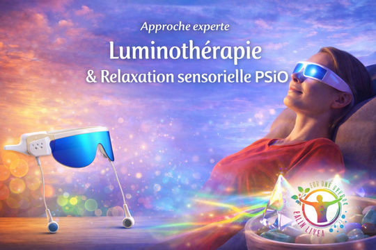 Lunettes de luminothérapie PSIO avec visière bleue, utilisées en approche experte de relaxation sensorielle