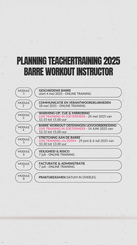 Barre Workout Instructor Nederland Teacher Training 2025