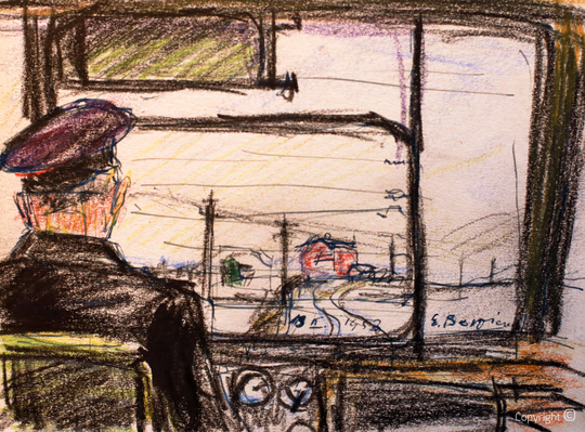 Erwin Bowien, who never had a driving licence, was dependent on bicycles and public transport. This drawing was made in 1953 on one of his many bus trips.