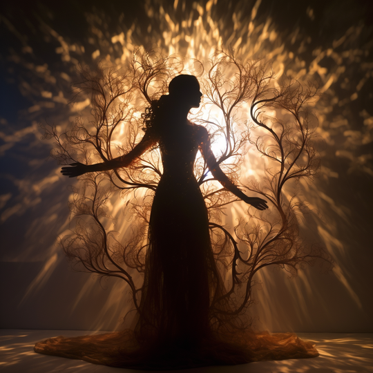 Eine Frau in Silhouette ist in hellem Licht zu sehen, im Stil des fließenden Surrealismus, der konzeptuellen Installationskunst, ätherischer Bäume, dunkles Gold und heller Bernstein, komplizierte Kostüme, darauf scheinen Sonnenstrahlen, poetische Eleganz