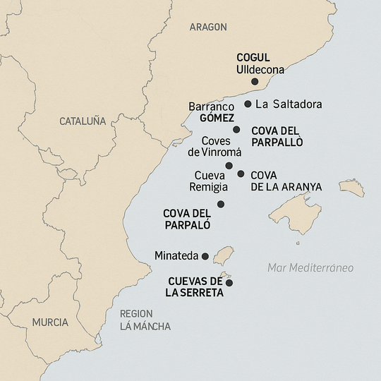 Mapa de los principales yacimientos del Arte Rupestre Levantino en la Comunidad Valenciana.