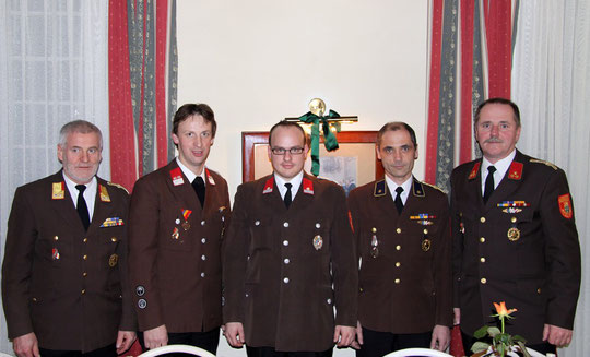 vlnr BR Josef Stickelberger (Abschnittskommandant), BI Johannes Sinabel, OBI Michael Lemberger, V Christian Nothnagel, HBI Josef Heissenberger (Unterabschnittskommandant)